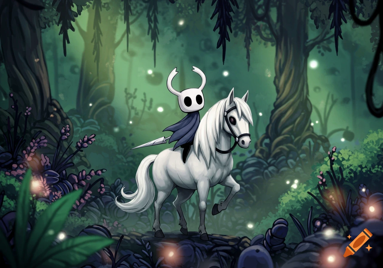 A stylized figure resembling Hollow Knight rides a white horse through a dark forest.
