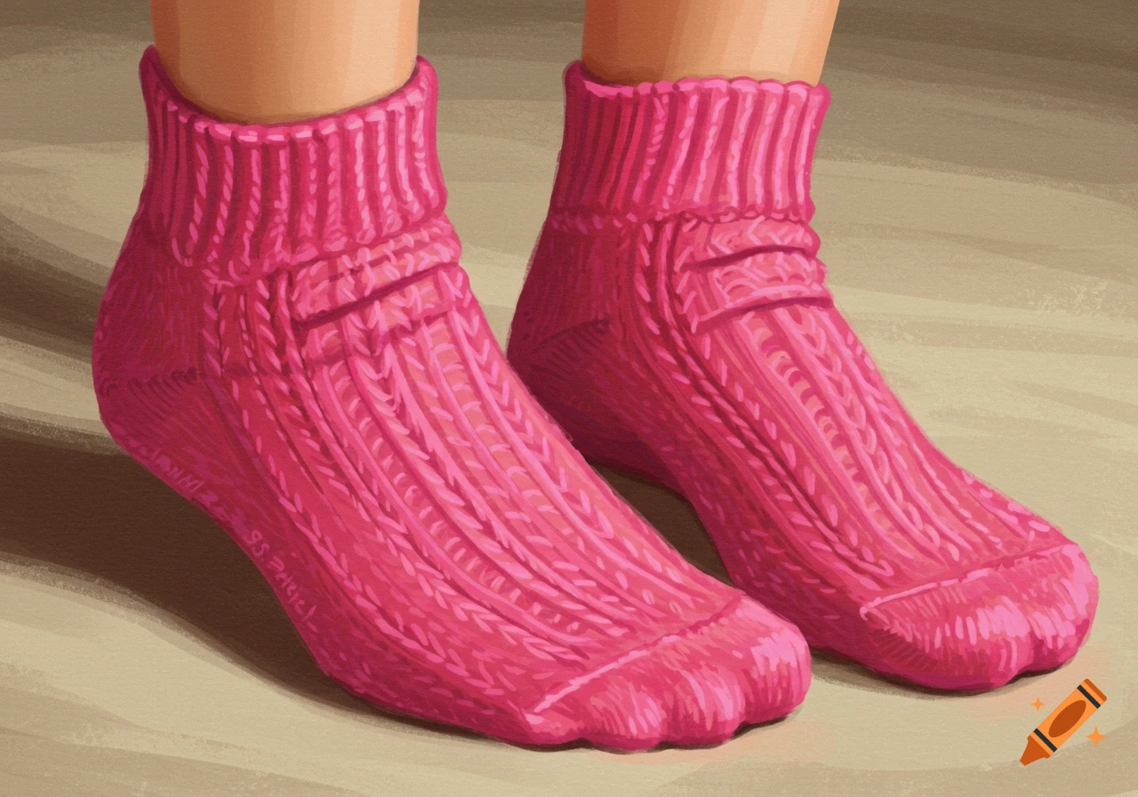 Close-up digital painting of feet wearing bright pink knitted ankle socks.