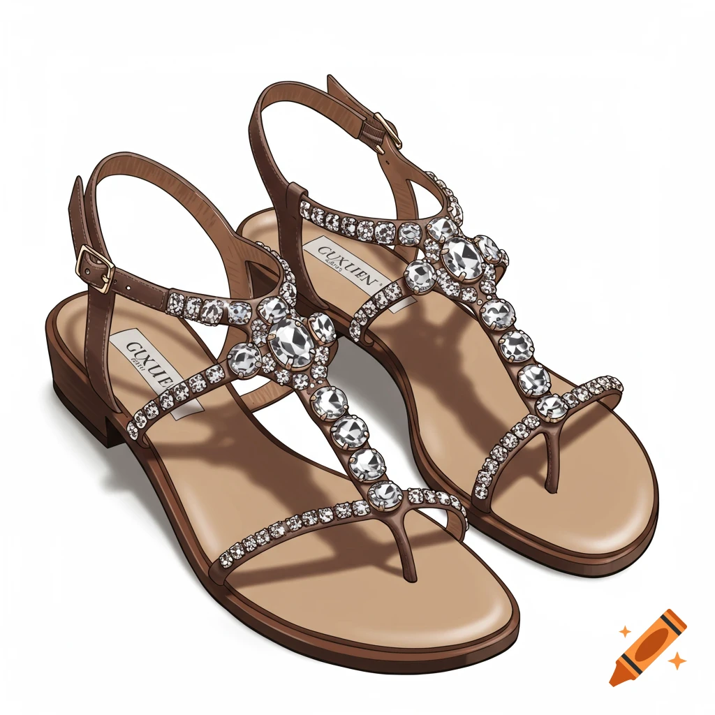 Illustration of brown jeweled women's sandals on a white background.