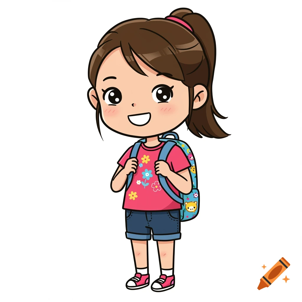 A smiling cartoon girl with a backpack in clip art style
