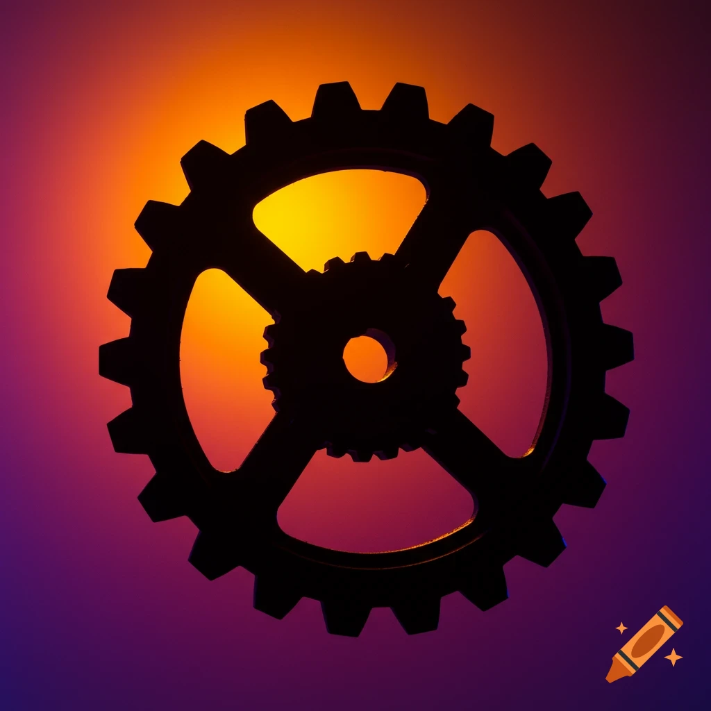 Silhouette of two gears against a purple, orange, and yellow gradient background.