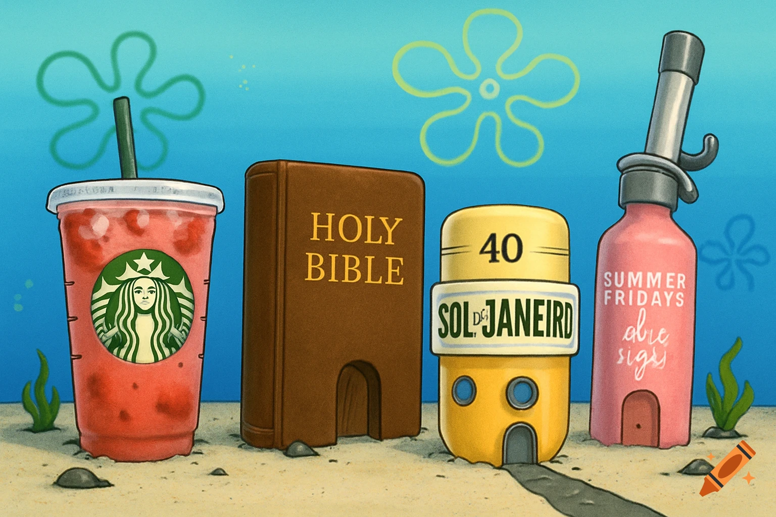 A cartoon image of a Starbucks cup, a Bible, a Sol de Janeiro bottle, and a Summer Fridays bottle standing on the sandy ocean floor, styled as houses in Bikini Bottom.
