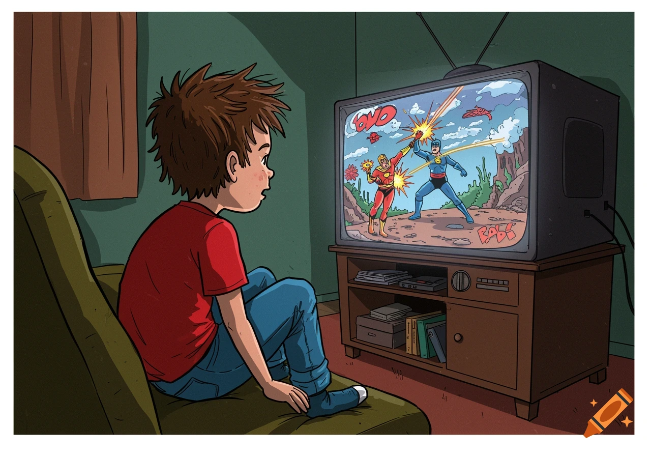 A child watches superheroes fighting on a television screen, in a comic book style illustration.