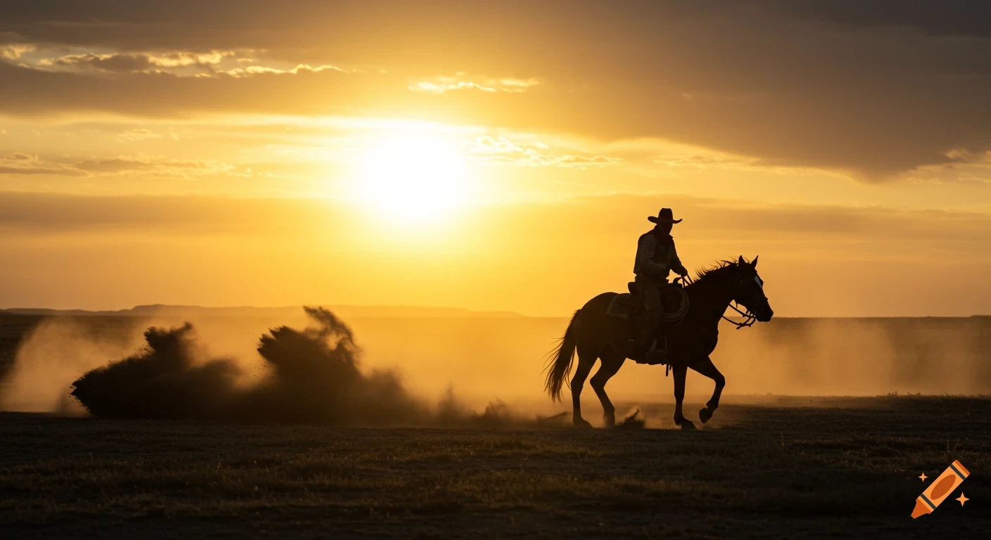 Silhouette of a cowboy on a horse kicking up dust at sunset.