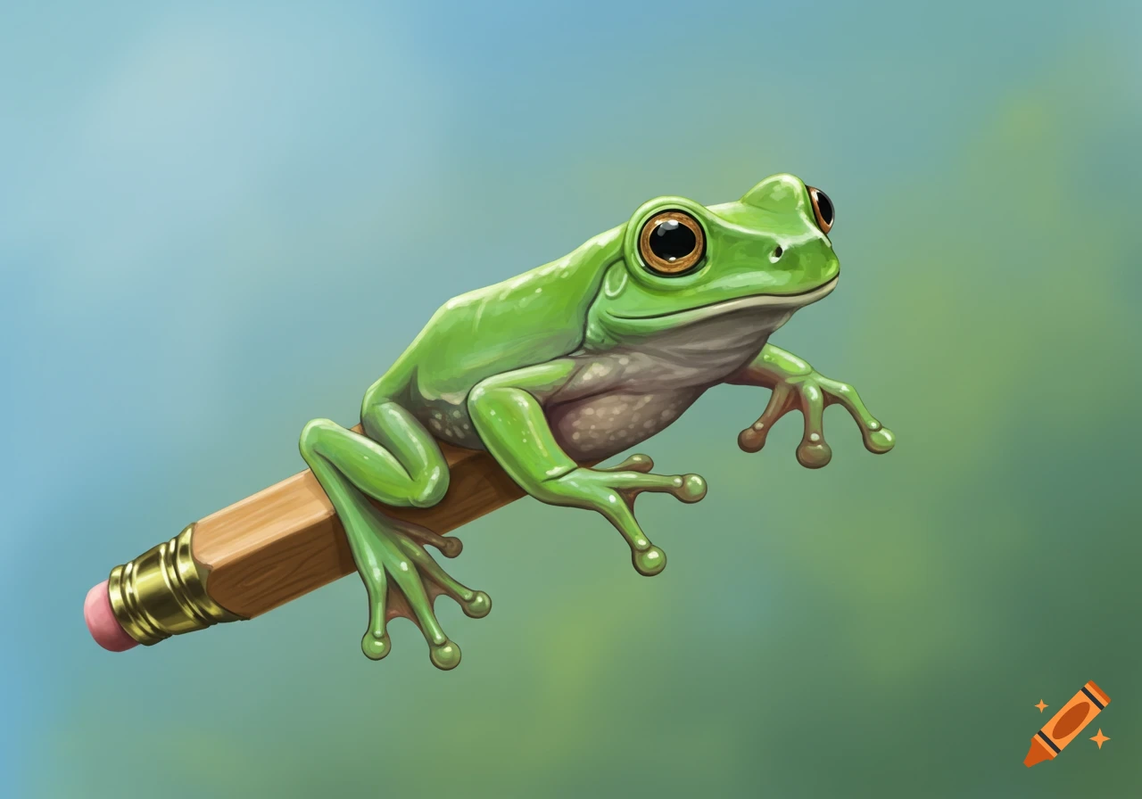 A green frog perches on a pencil.