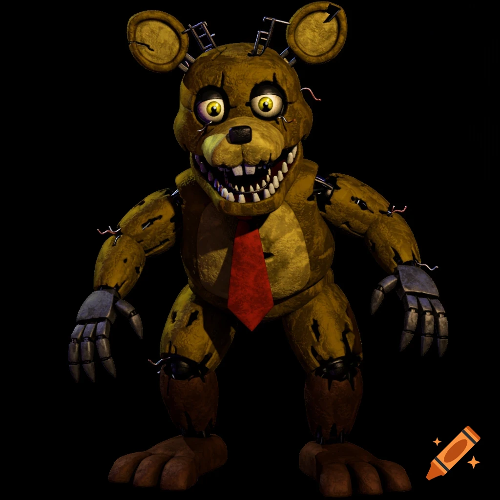A damaged yellow animatronic bear character wearing a red tie, with sharp teeth, claws, and exposed wires, against a black background.