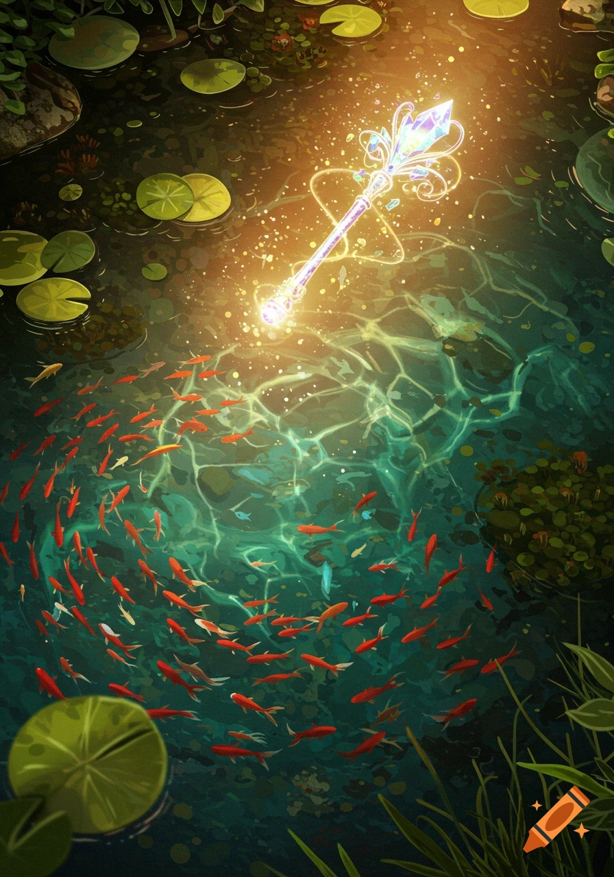 A glowing magic wand is submerged in a pond with red fish swimming in a circle around it. Lily pads float on the surface.
