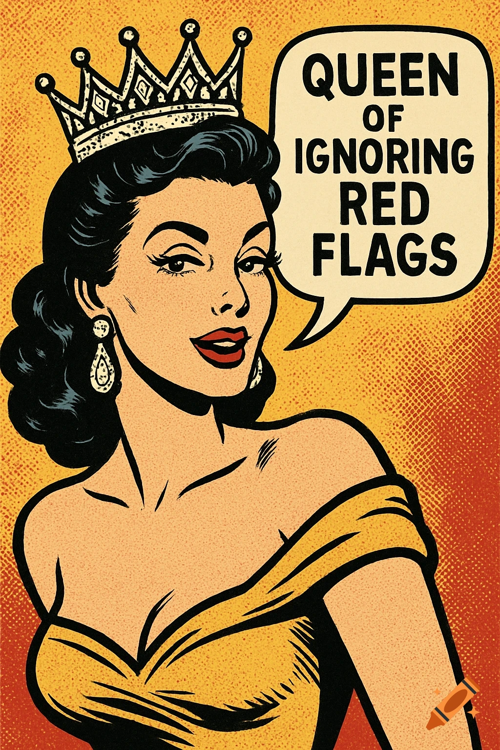 Vintage pop art illustration of a woman in a crown with a speech bubble saying 'Queen of Ignoring Red Flags'.