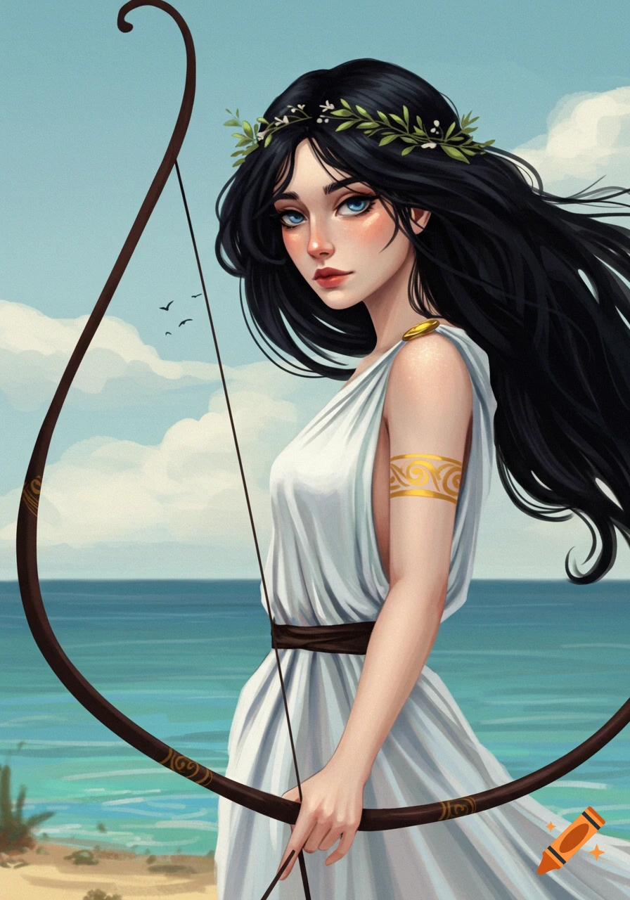 Stylized portrait of a woman in a white Greek dress with a bow, standing by the sea