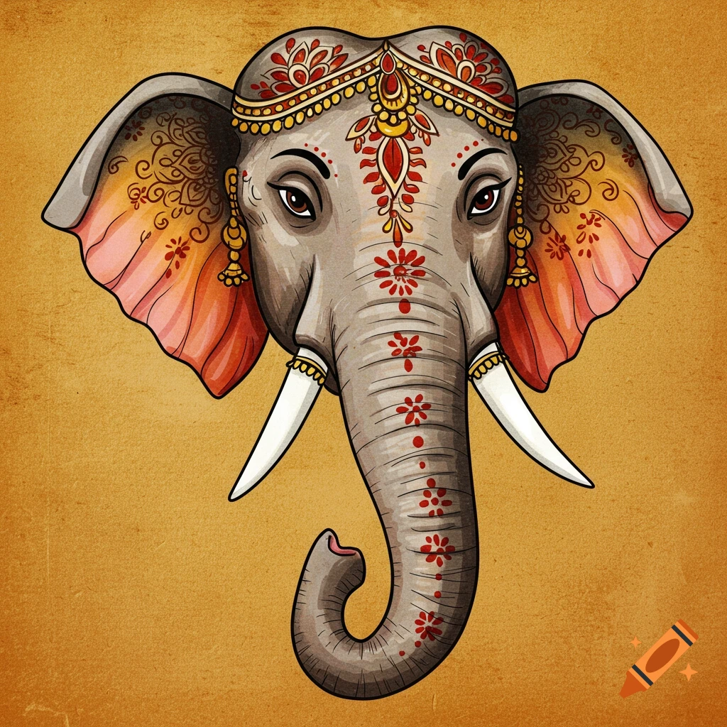 Illustration of an elephant head in ancient Indian art style with decorations on a textured background.