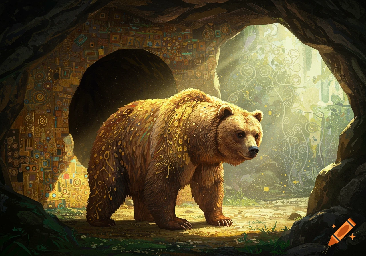 A bear emerges from a cave in a style reminiscent of Gustav Klimt