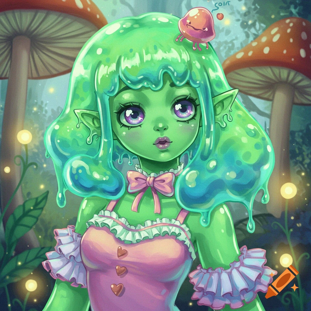 A cute anime slime girl with green hair and skin wears a pink dress in a fantasy forest with mushrooms.