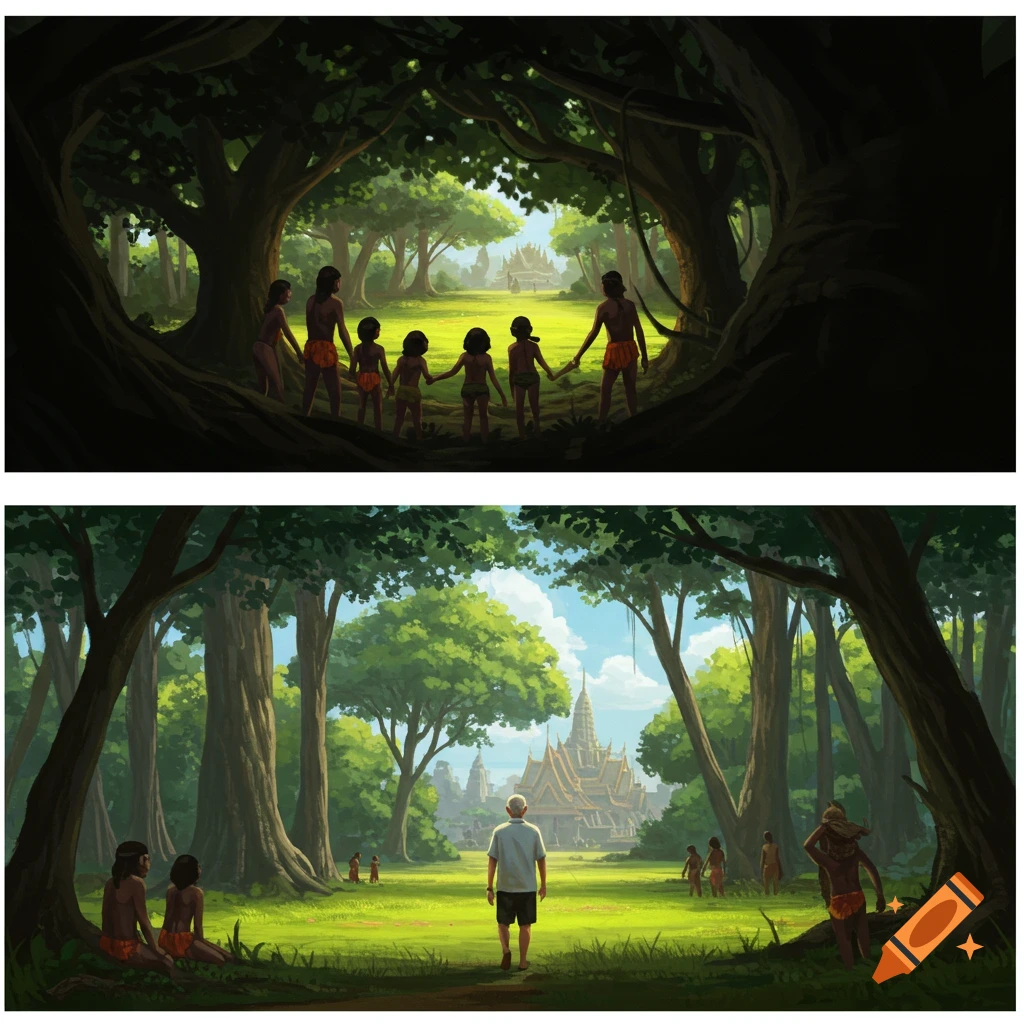 Painted scene of figures in a lush jungle looking towards a temple.