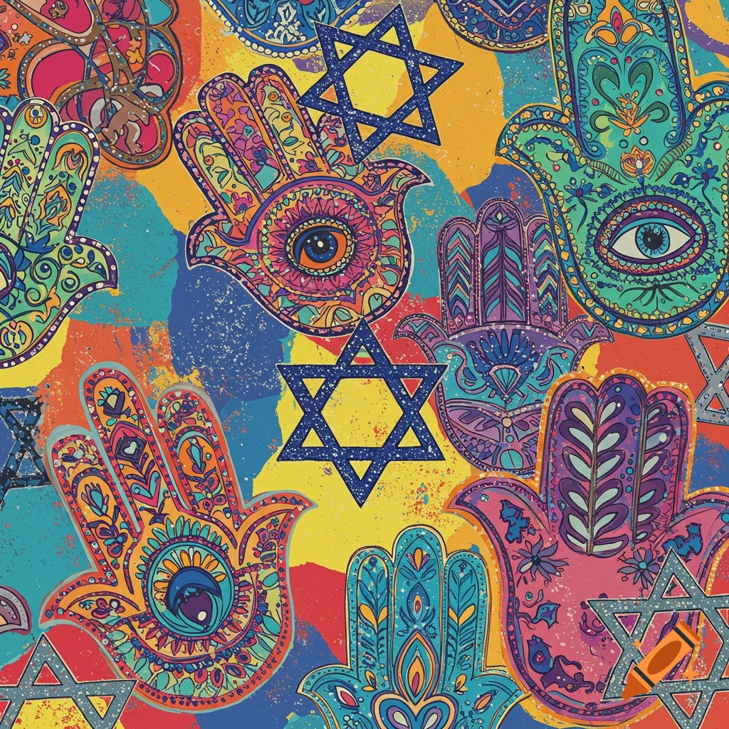 Colorful seamless pattern of Hamsa hands and Stars of David on a splattered background.