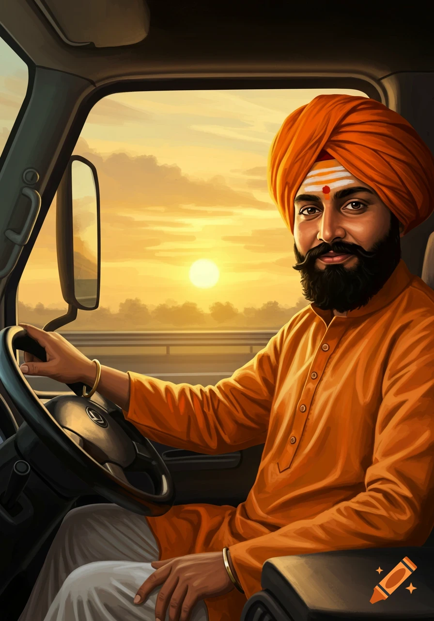 Digital illustration of a man in an orange turban and shirt driving a truck during sunset.