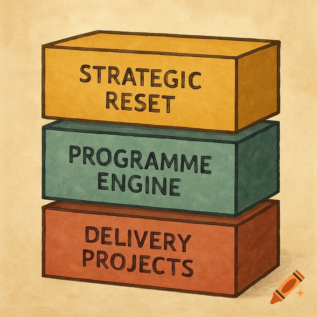 Stacked boxes labeled Strategic Reset, Programme Engine, and Delivery Projects in a crayon-like style.