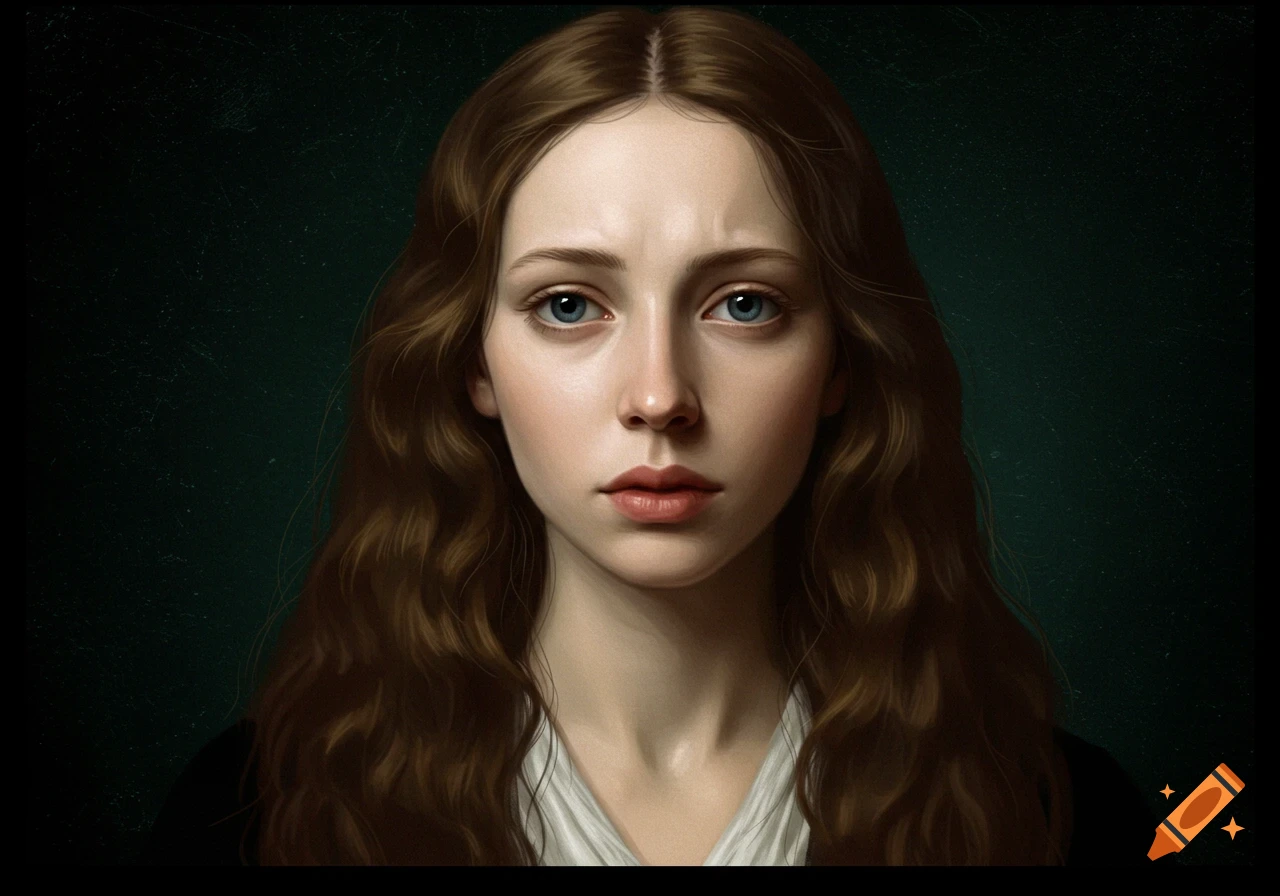 A renaissance-style painting of a young woman with long brown hair and blue eyes.