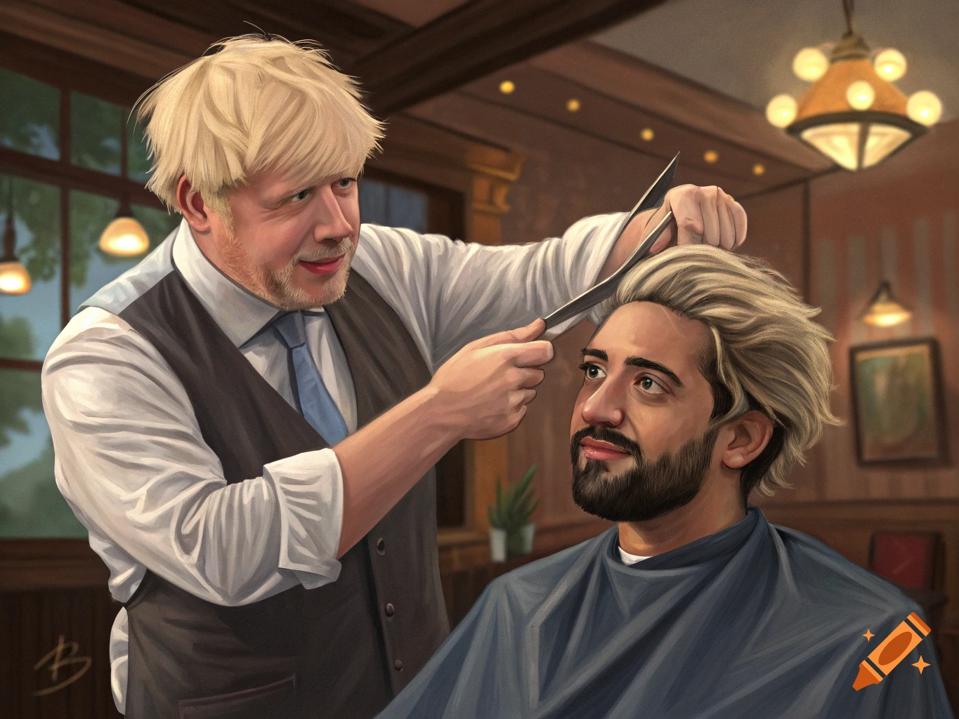 Digital painting of one man cutting another man's hair in a barbershop.