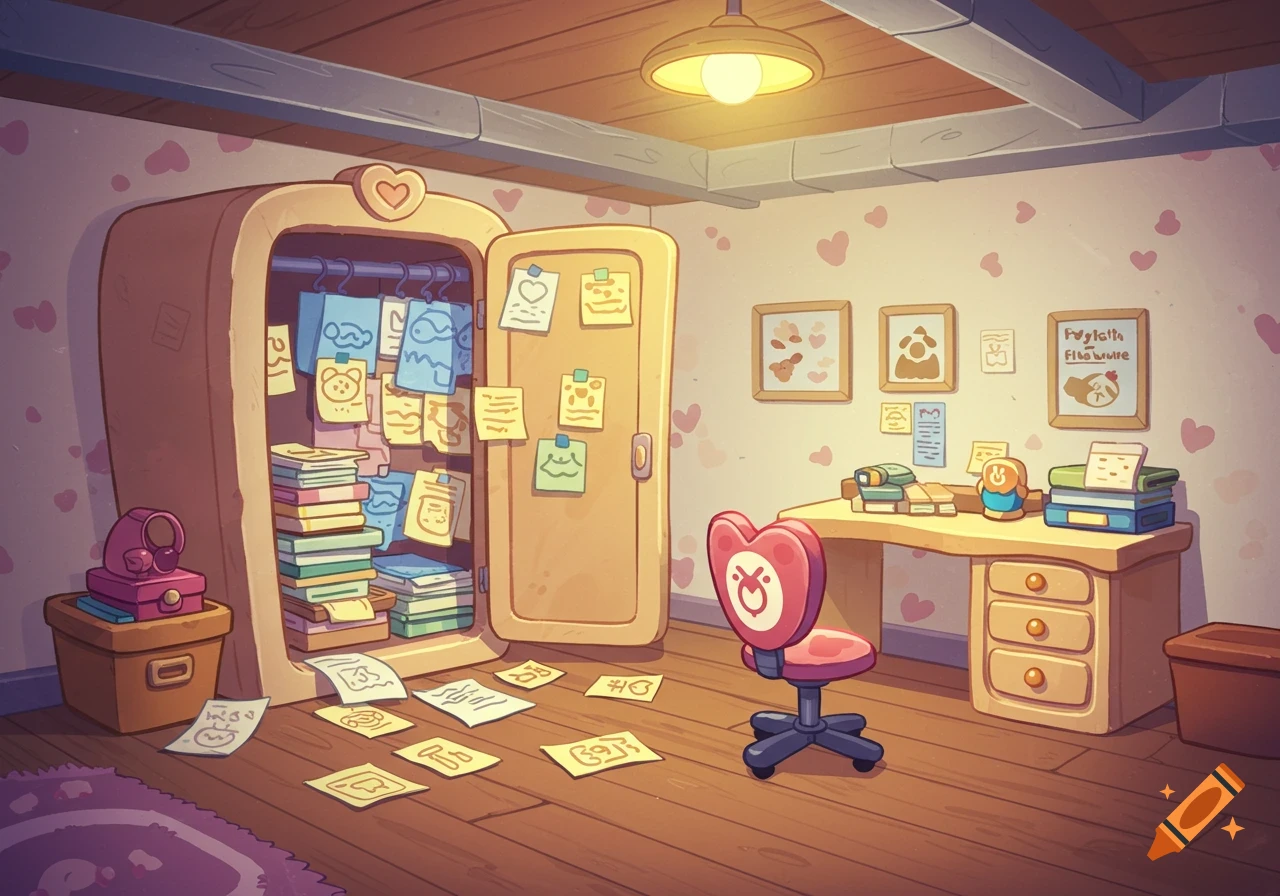 Cartoon interior of a cluttered basement room with a desk, chair, and open closet full of papers and books, in Cookie Run Kingdom style.