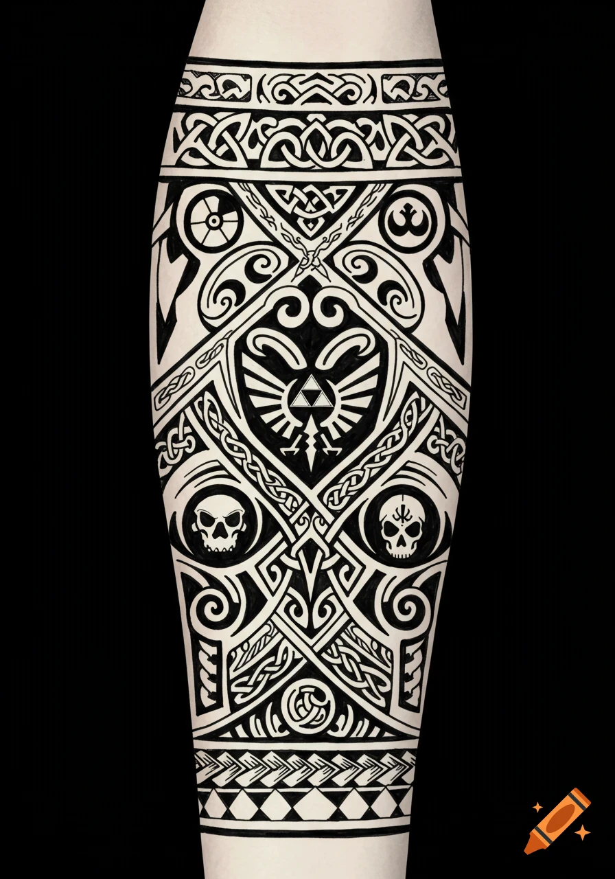 Symmetrical black and white tattoo design with Celtic knots, Polynesian patterns, skulls, Triforce, and Rebel Alliance symbol.