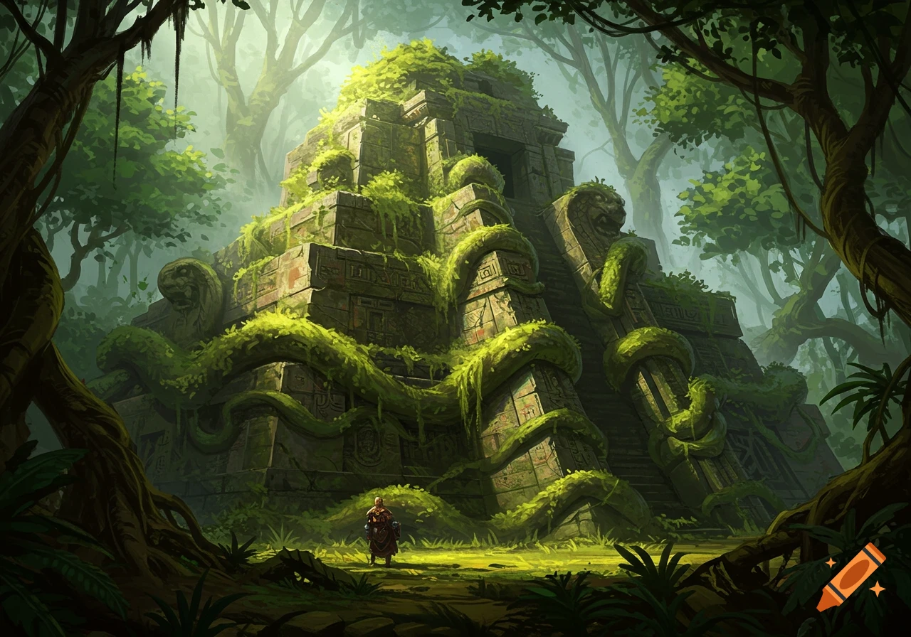 An ancient jungle temple overgrown with vines, with a figure walking towards it.