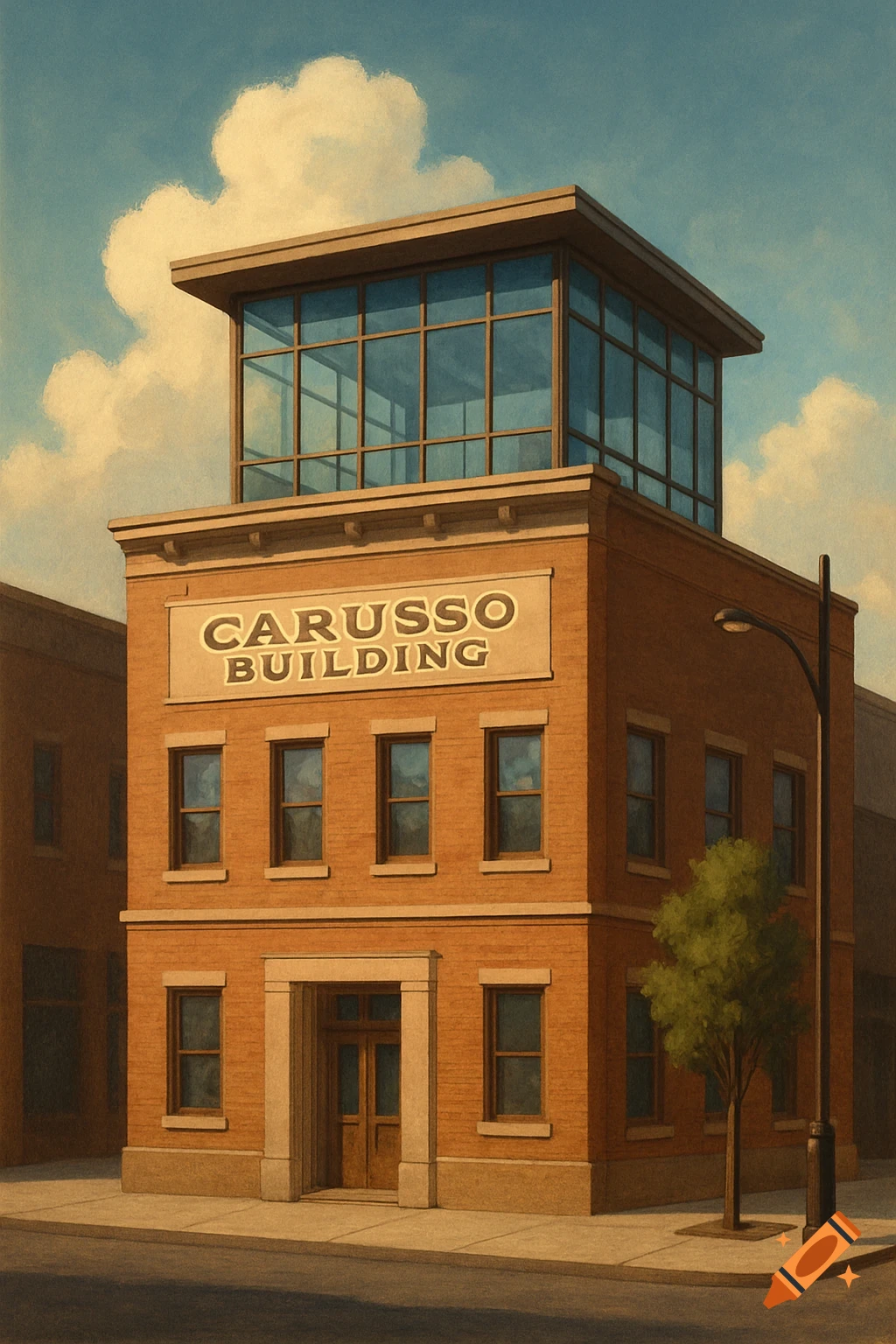 A brick building with a glass top and a sign reading 'CARUSSO BUILDING' on a street corner.