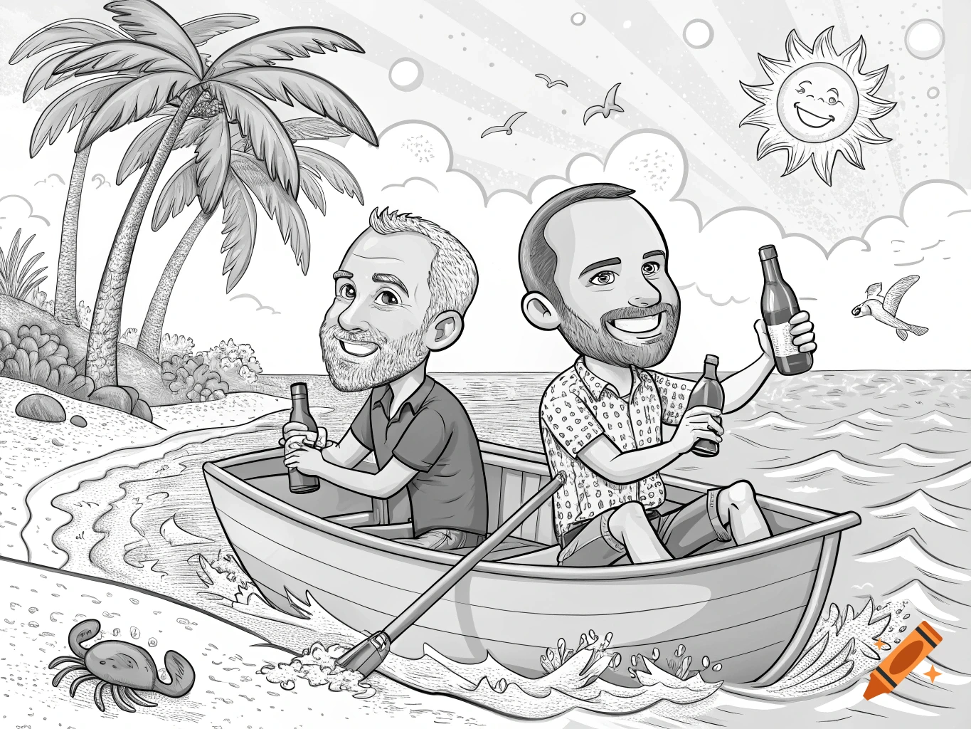 Black and white coloring book style drawing of two cartoon men in a boat on a beach holding beer.