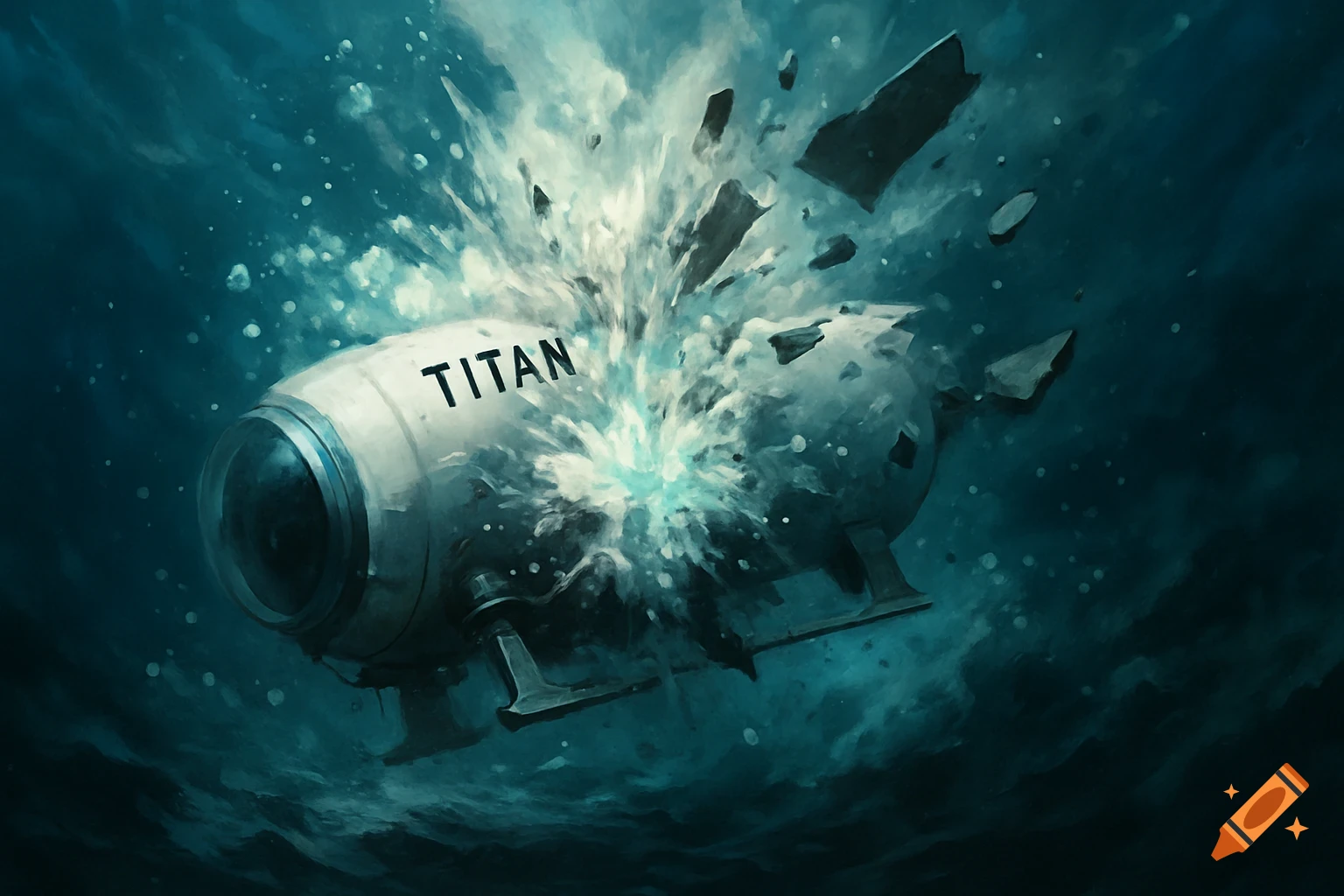 Underwater view of a white submersible labeled 'TITAN' exploding, debris flying.