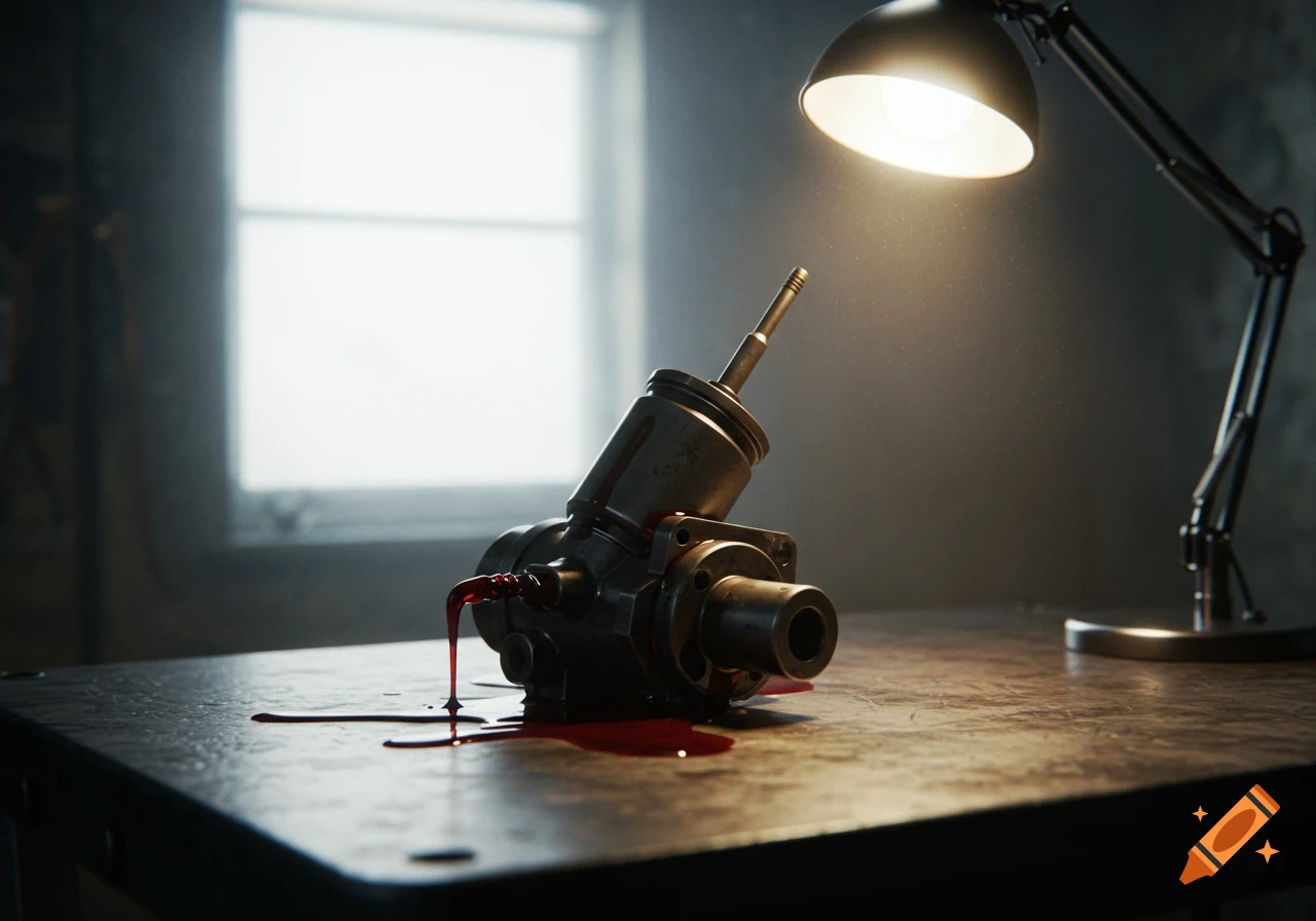 Photorealistic image of a mechanical part bleeding red fluid on a metal table under a desk lamp.
