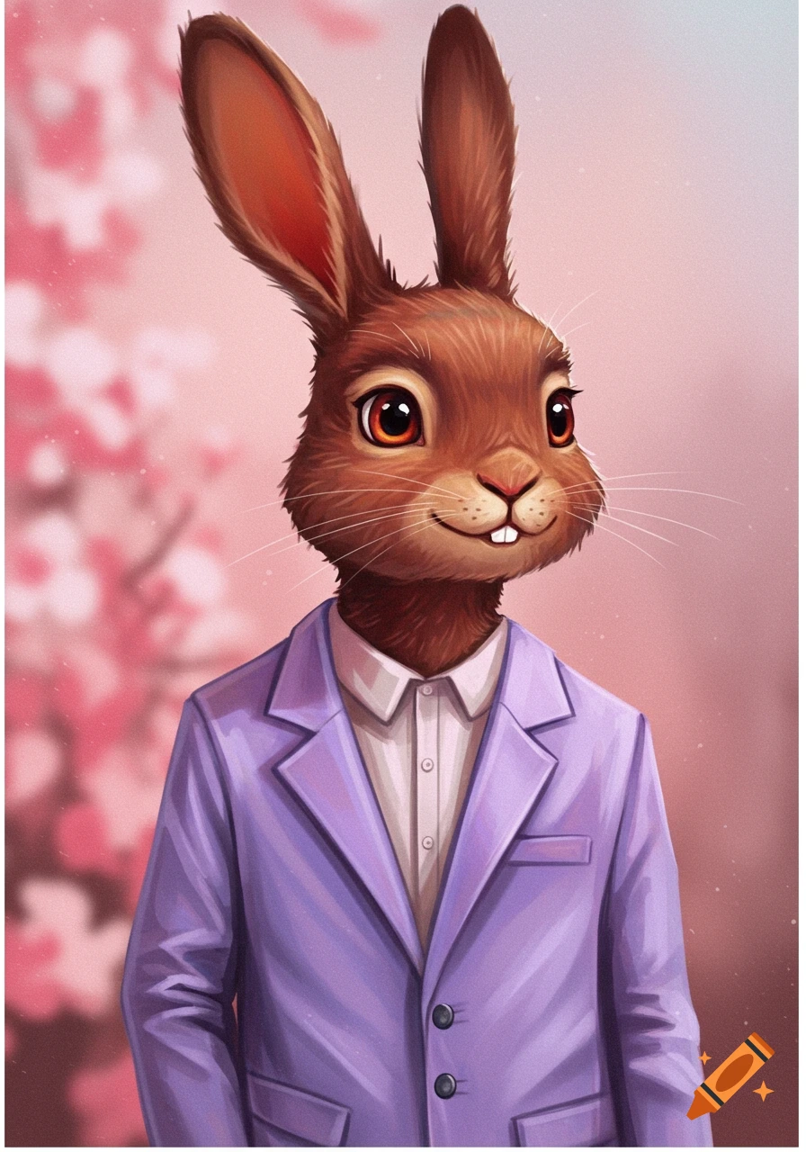 An anthropomorphic brown bunny wears a lavender suit against a pink floral background.