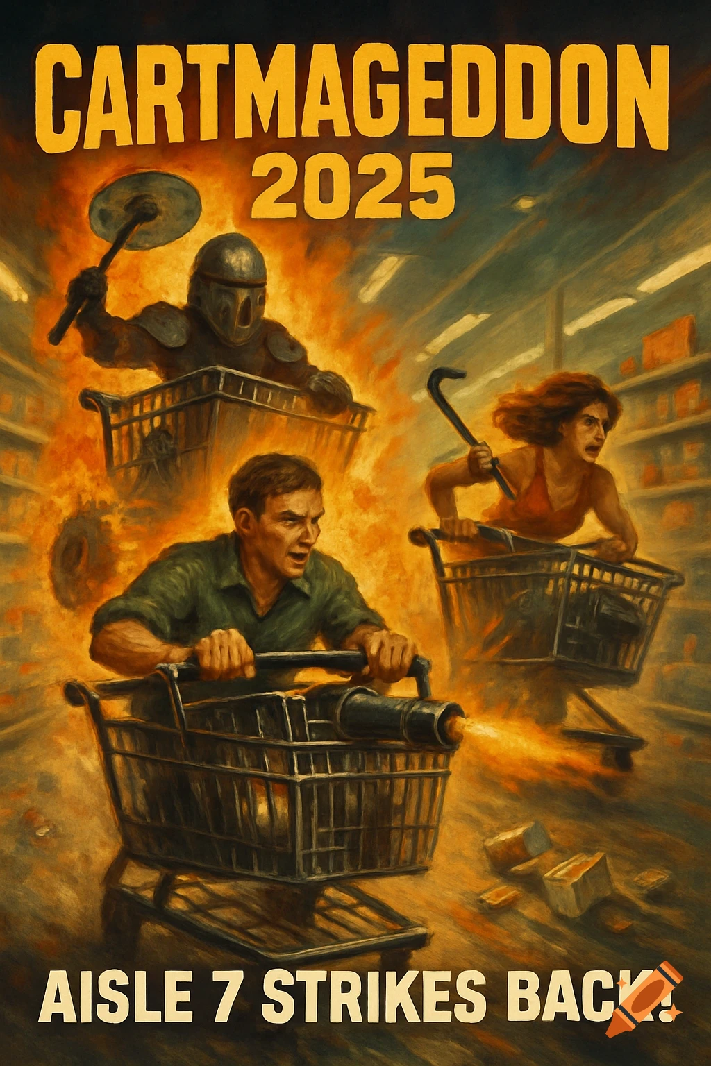Movie poster for Cartmageddon 2025, showing people in shopping carts with weapons in a chaotic supermarket aisle.