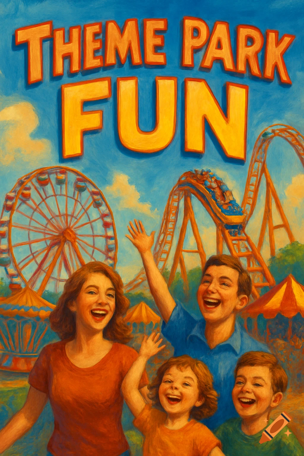 Painted illustration of a family smiling and waving at a theme park with a roller coaster and ferris wheel, text says 'THEME PARK FUN'.