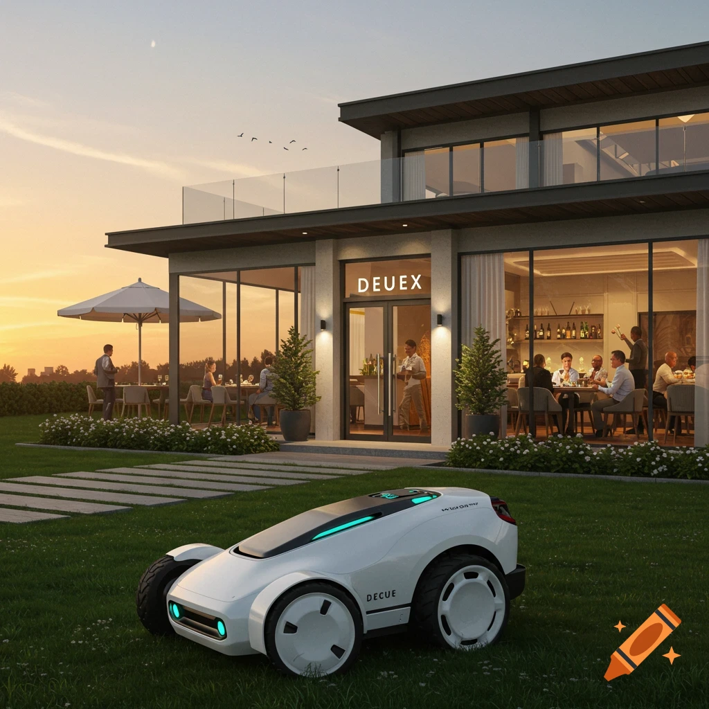 A white robot mower sits on a lawn in front of a modern restaurant with people dining outdoors and inside at sunset.