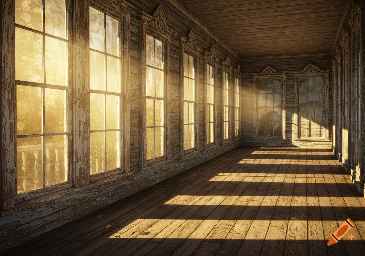 Empty rustic room with multiple large windows letting in sunlight, casting shadows on the wooden floor.