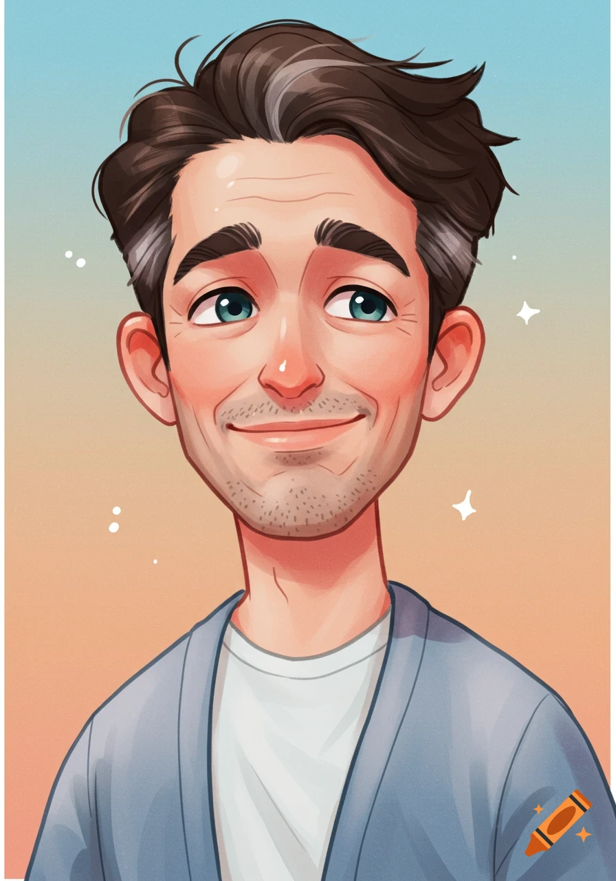 Cartoon portrait of a smiling middle-aged man with grey hair streaks, wearing a blue cardigan.