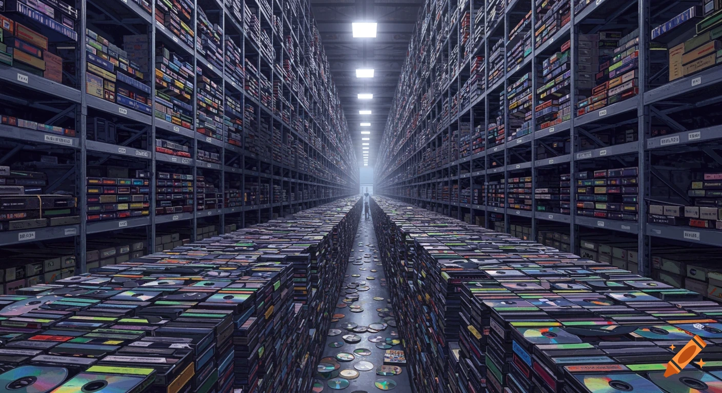 A vast warehouse filled with tall shelves and stacks of old physical media like CDs and cases, receding into the distance.