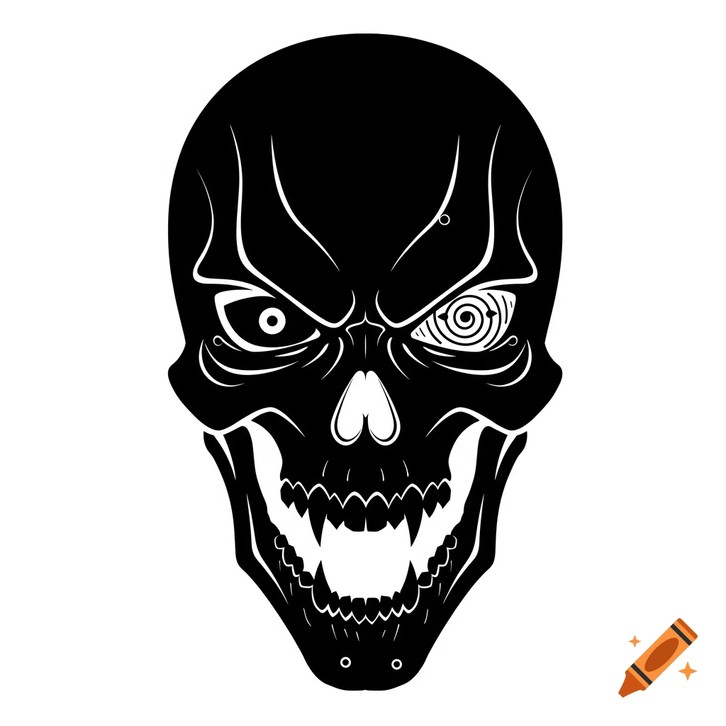 A bold black vector illustration of a stylized skull with sharp fangs, aggressive features, and swirling eye patterns, inspired by anime characters.