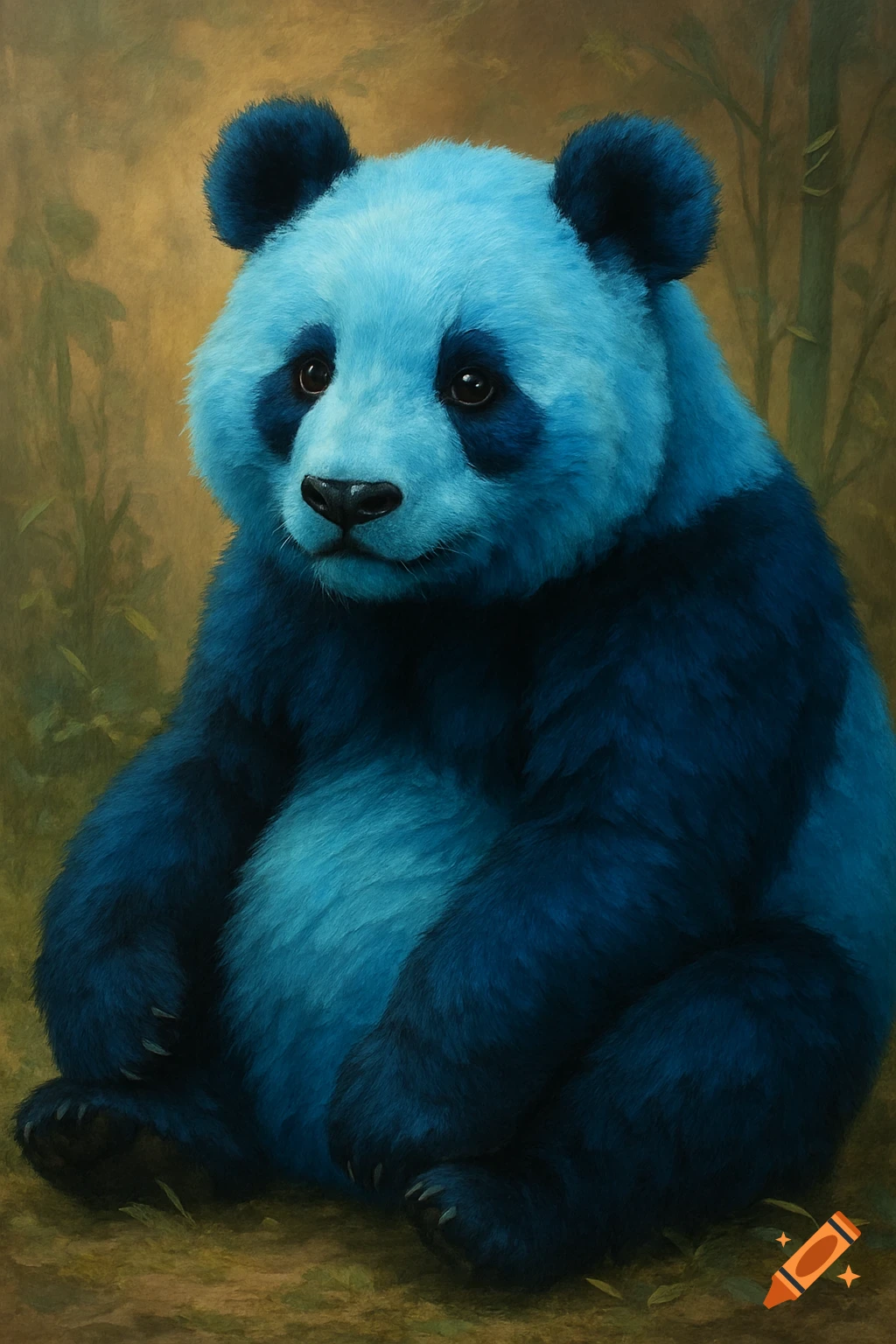 Painting of a blue panda sitting in a forest.