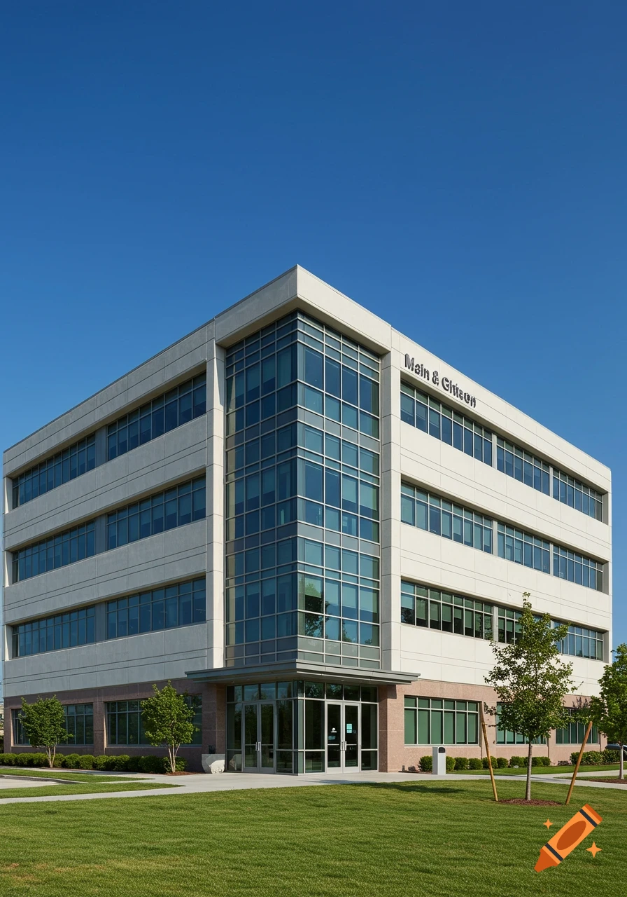 Modern office building with large windows on a sunny day.