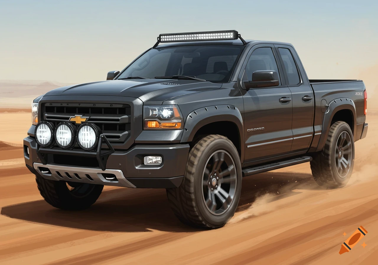 Dark grey pickup truck driving in the desert