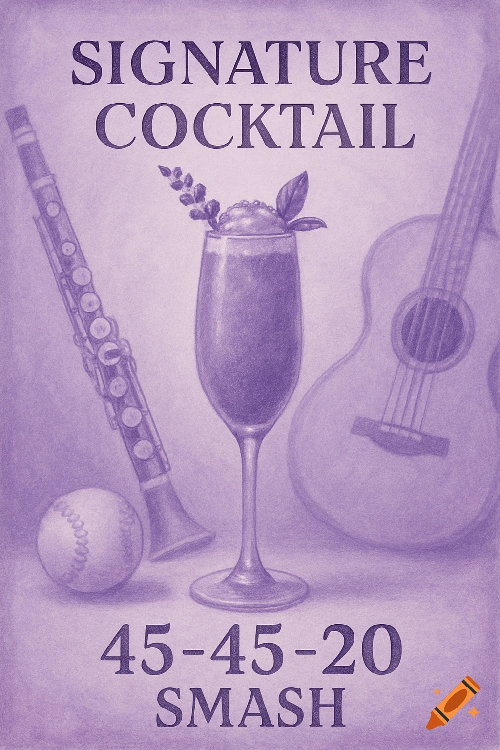 Lavender-toned drawing of a cocktail glass, flute, guitar, and baseball with text 'Signature Cocktail' and '45-45-20 Smash'.