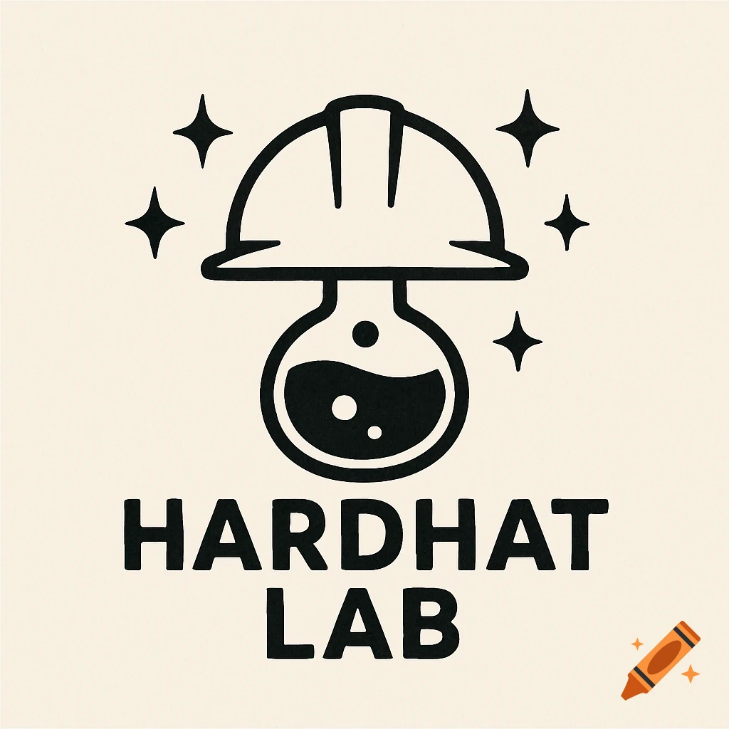 Black and white logo of a hardhat above a lab flask, with sparkles, and the text HARDHAT LAB below.
