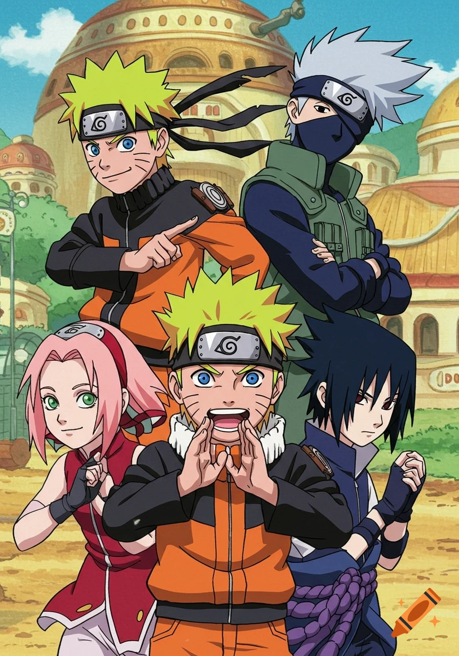 Anime characters from Naruto including Naruto, Sasuke, Sakura, and Kakashi stand together.