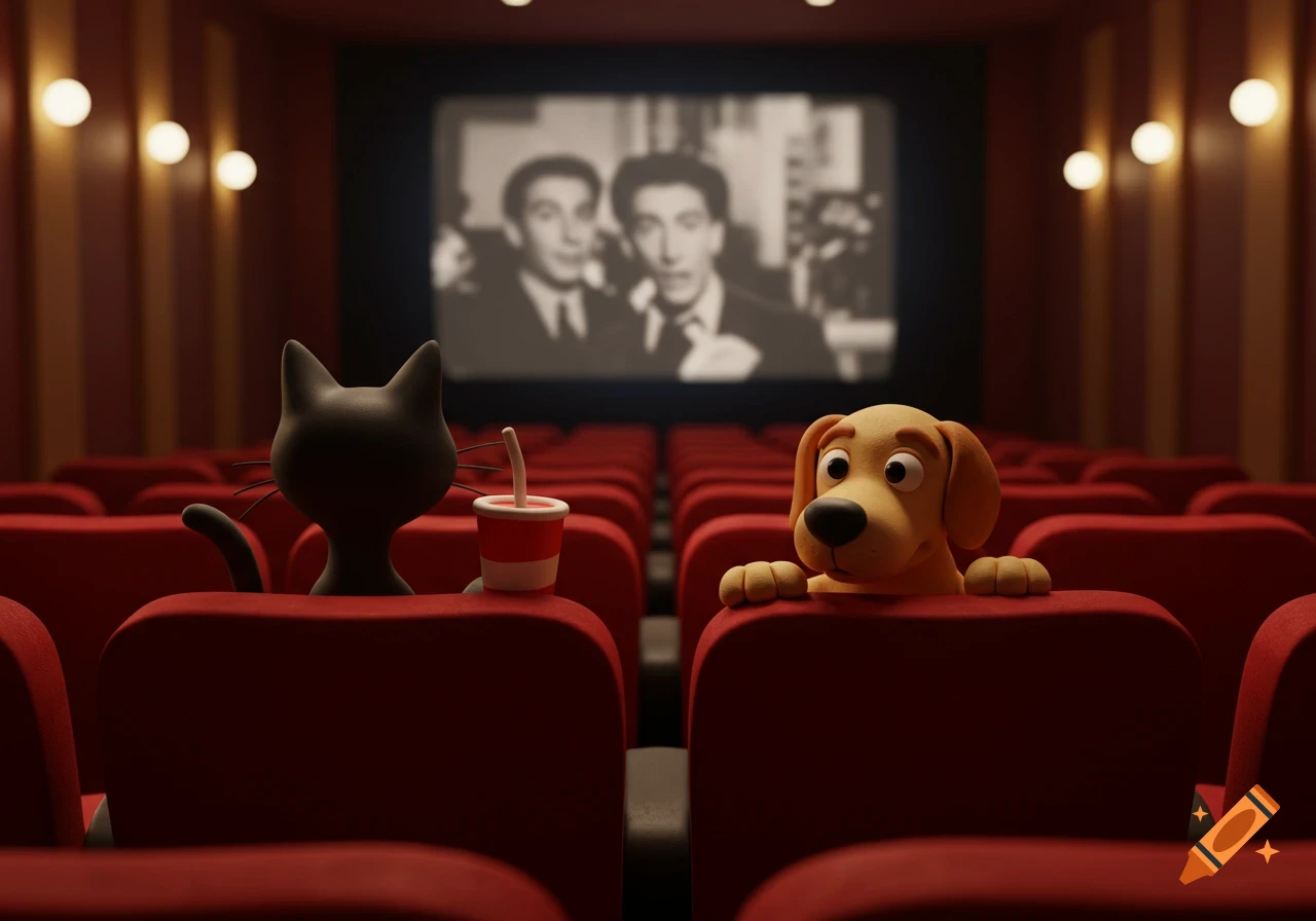 A claymation black cat and a golden retriever watch a movie in a cinema.