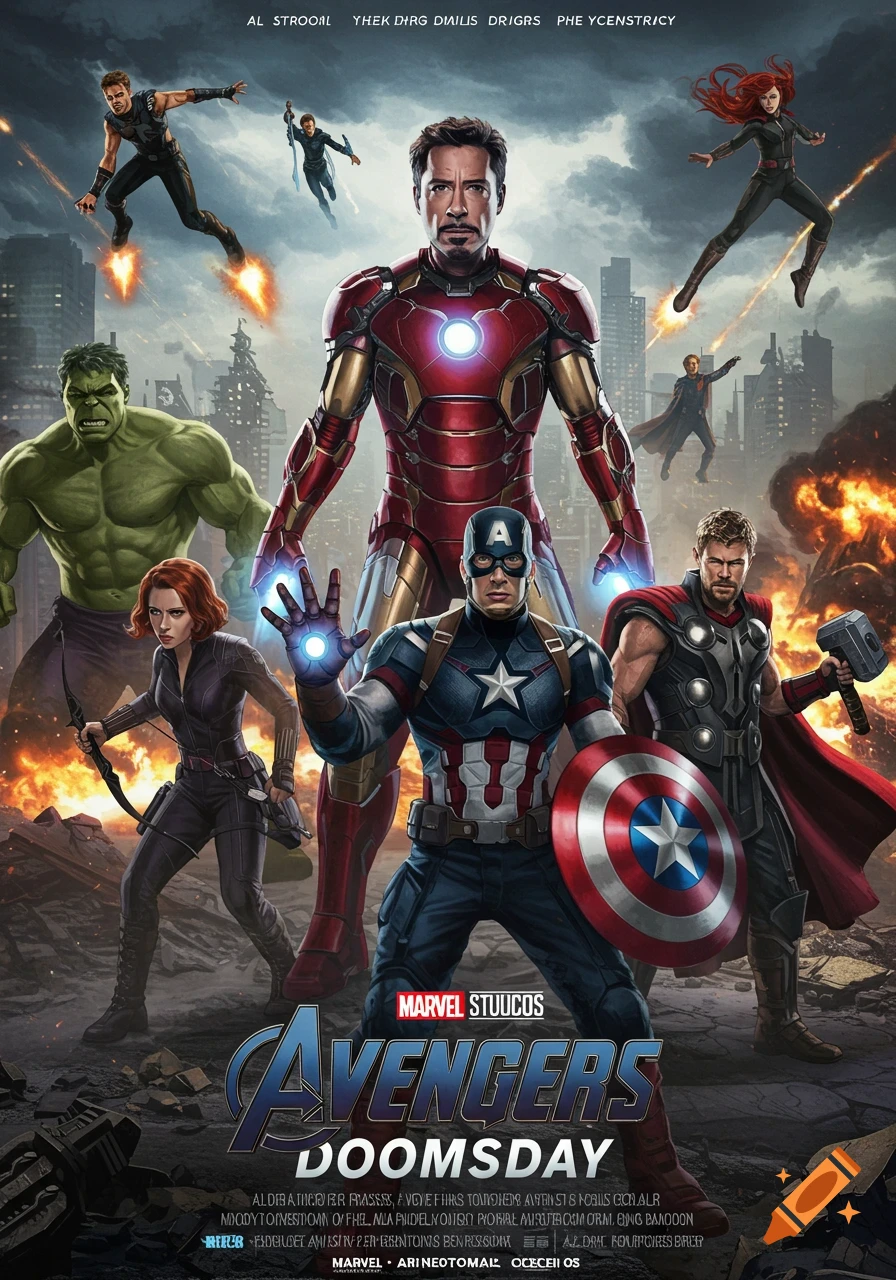 Movie poster featuring Iron Man, Captain America, Thor, Hulk, Black Widow, and others in an urban battlefield.