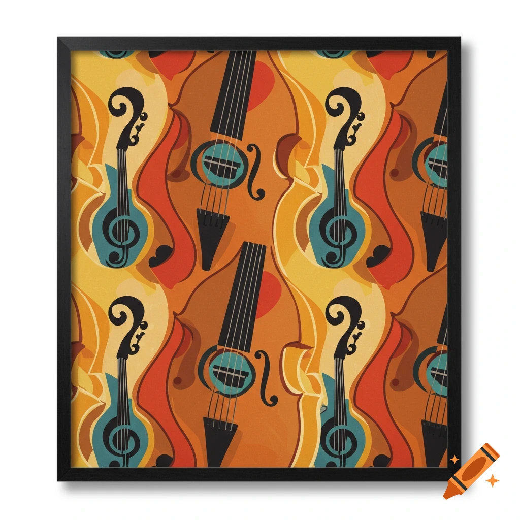 Repeating pattern of stylized musical instruments (bass and violin shapes) in warm colors, framed.