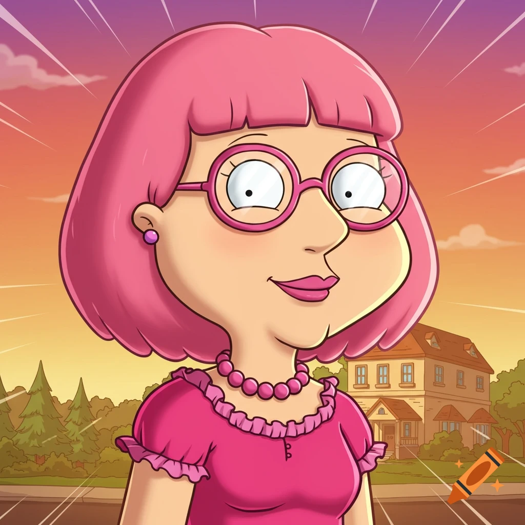 Cartoon portrait of a woman with pink hair and glasses in the style of Family Guy
