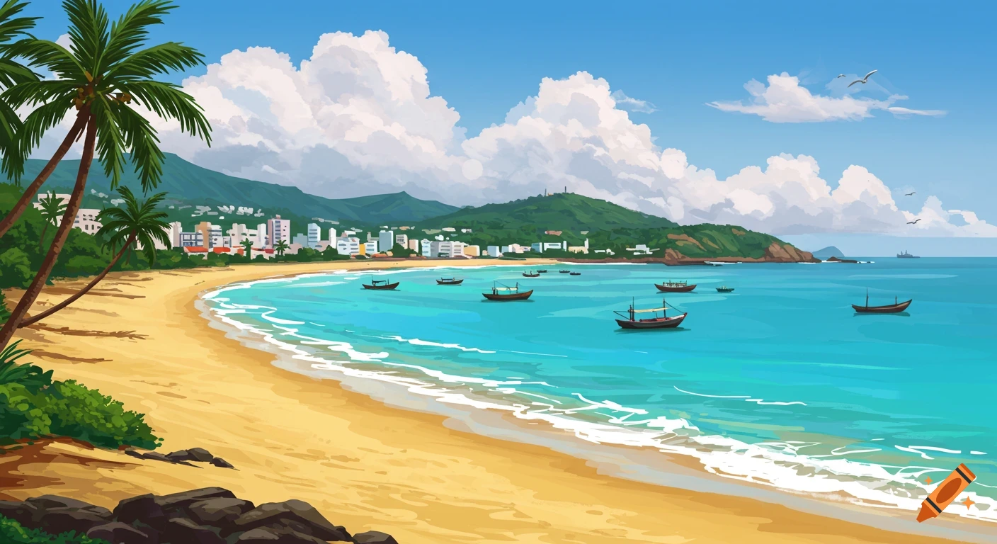 Illustrated tropical beach with palm trees, boats, coastal town, and mountains