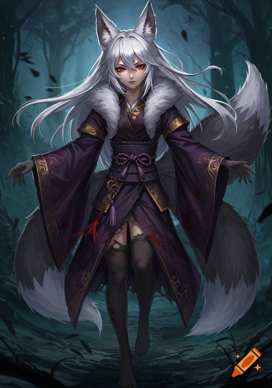 Anime fox girl with white hair and red eyes wearing a dark purple kimono, standing in a forest.