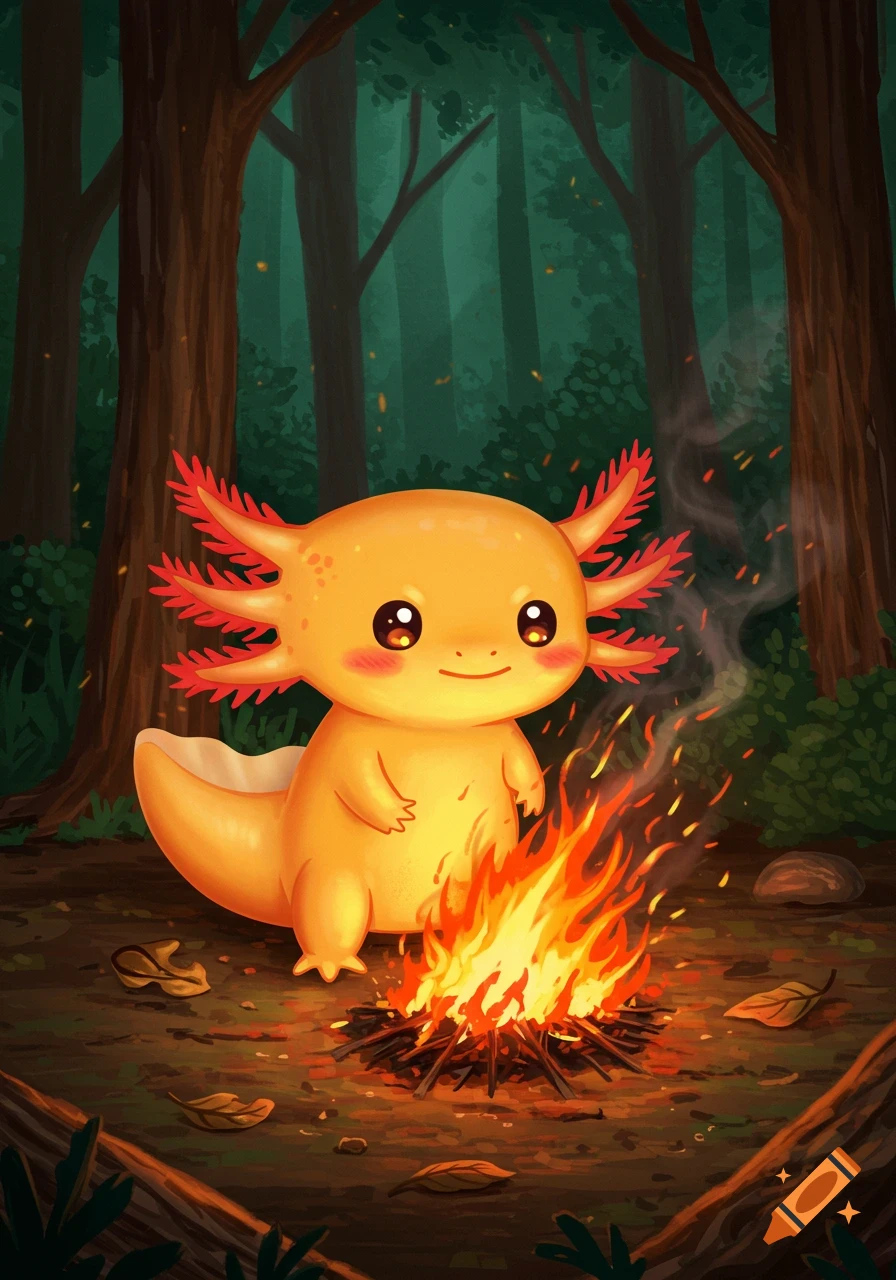 Cute orange axolotl illustration sitting by a campfire in a forest.
